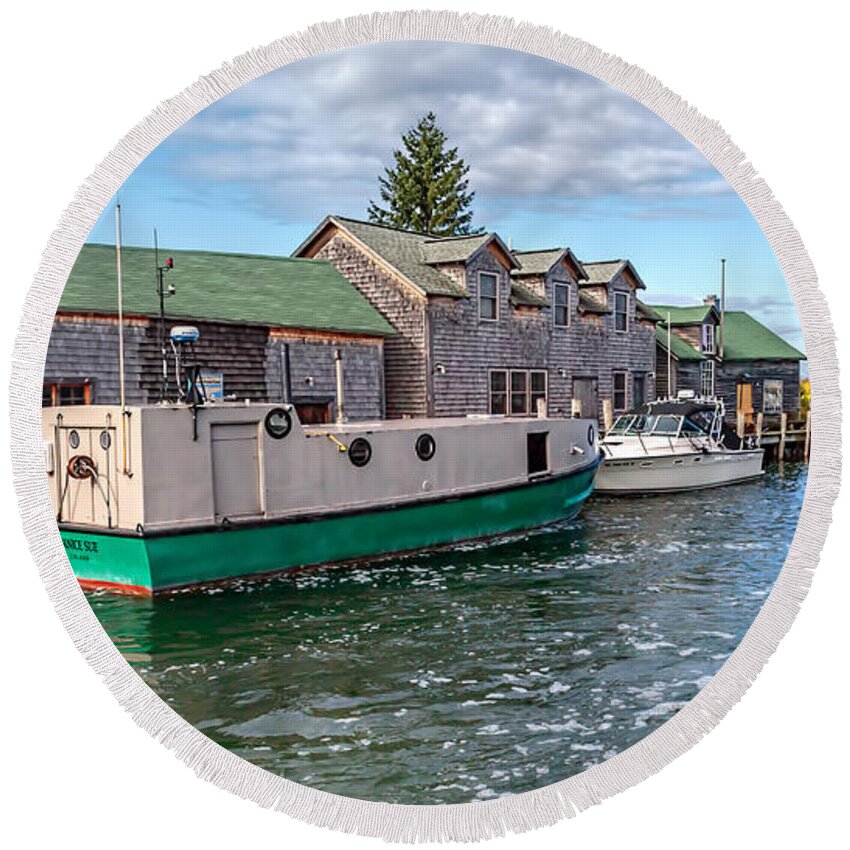 Leland Round Beach Towel featuring the photograph Historic Fishtown by Susan Rissi Tregoning