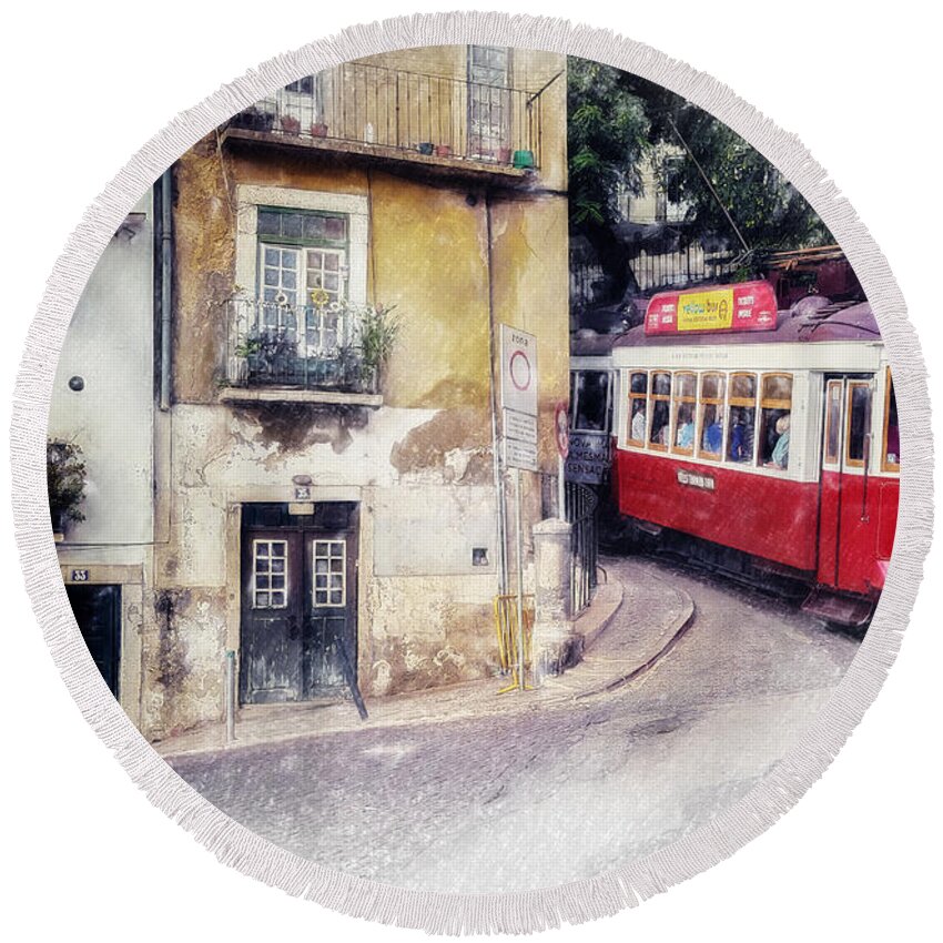 Lisbon Round Beach Towel featuring the painting Historic Lisbon Tram by Chris Armytage