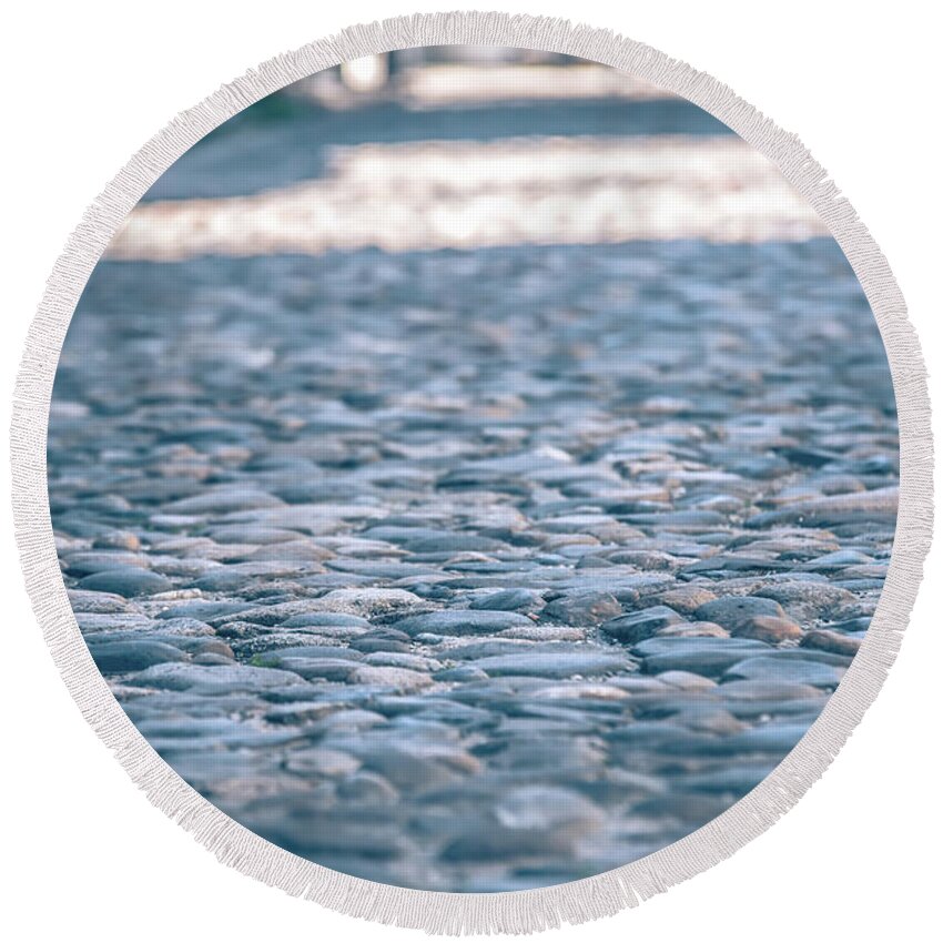 Background Round Beach Towel featuring the photograph Historic Old River Rock Stone Paveres On Old Street by Alex Grichenko