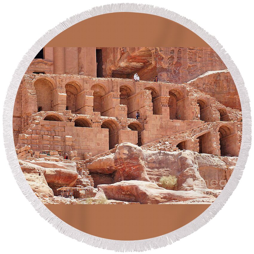 Petra Round Beach Towel featuring the photograph Historic Ruins In Petra by David Birchall