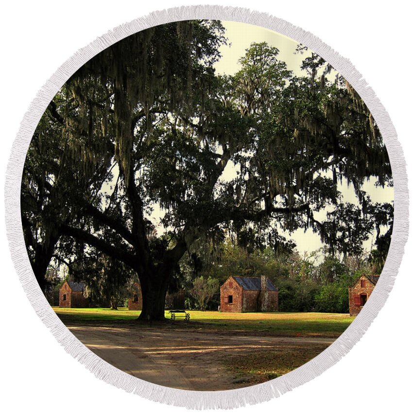 American History Round Beach Towel featuring the photograph Historic Slave Houses at Boone Hall Plantation in SC by Susanne Van Hulst