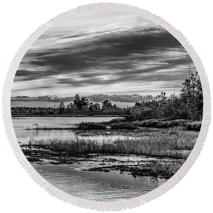 New Jersey Round Beach Towel featuring the photograph Historic Whitebog landscape Black - White by Louis Dallara