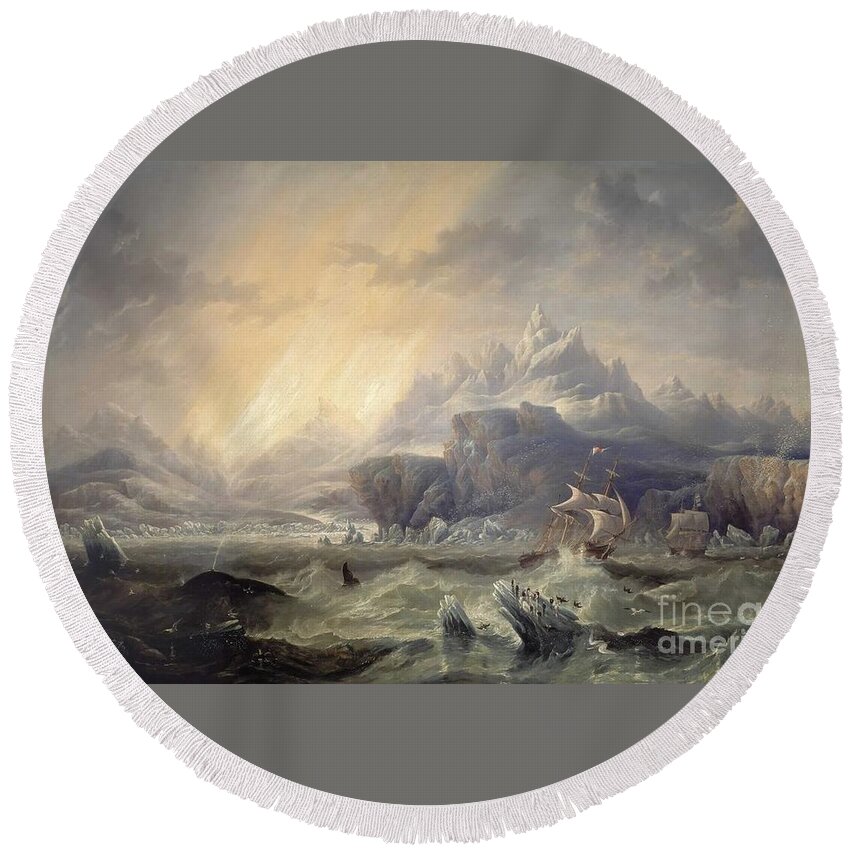 John Wilson Carmichael - Hms Erebus And Terror In The Antarctic 1847 Round Beach Towel featuring the painting HMS Erebus and Terror in the Antarctic by MotionAge Designs