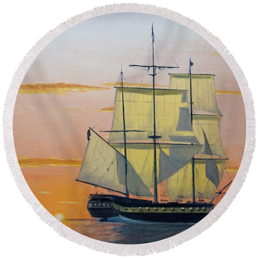 Tallship Round Beach Towel featuring the painting HMS Surprise at Battlestations by Mike Jenkins