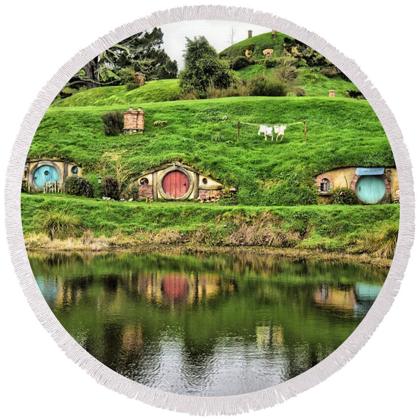 Photograph Round Beach Towel featuring the photograph Hobbit by the Lake by Richard Gehlbach