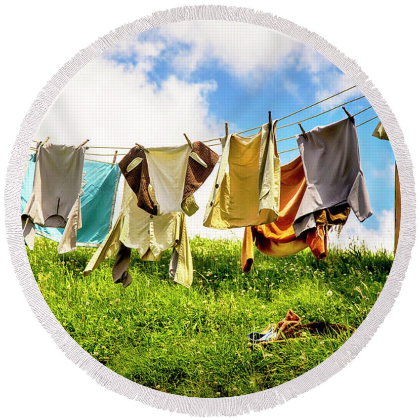 Hobbits Round Beach Towel featuring the photograph Hobbit Clothesline by Kathryn McBride