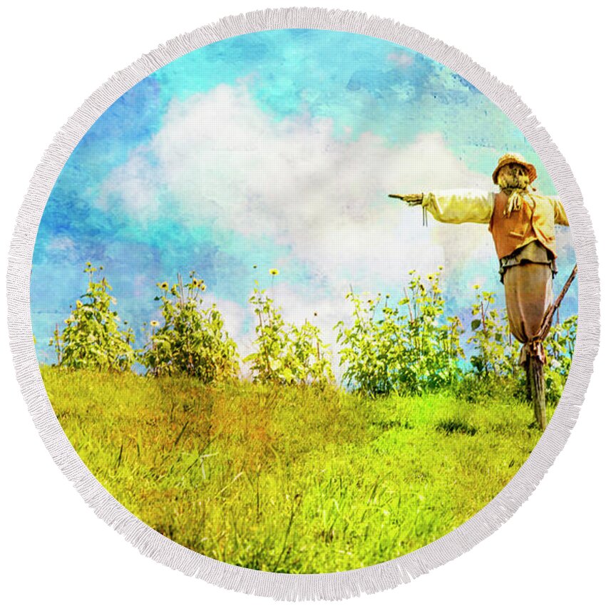 Hobbits Round Beach Towel featuring the photograph Hobbit Scarecrow by Kathryn McBride