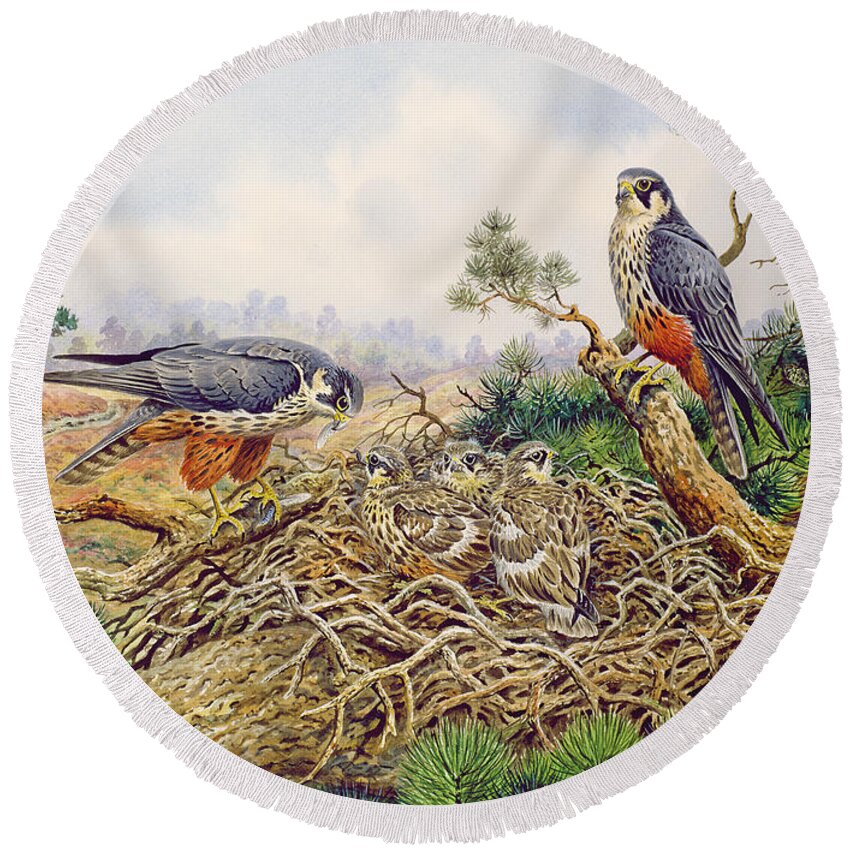 Bird Round Beach Towel featuring the painting Hobbys at their Nest by Carl Donner