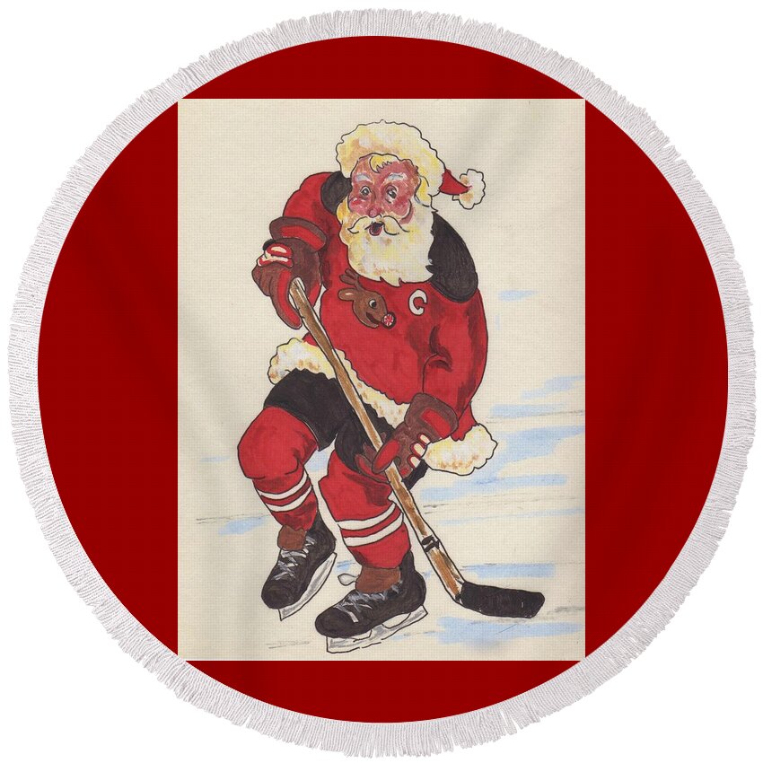 Santa Round Beach Towel featuring the painting Hockey Santa by Todd Peterson