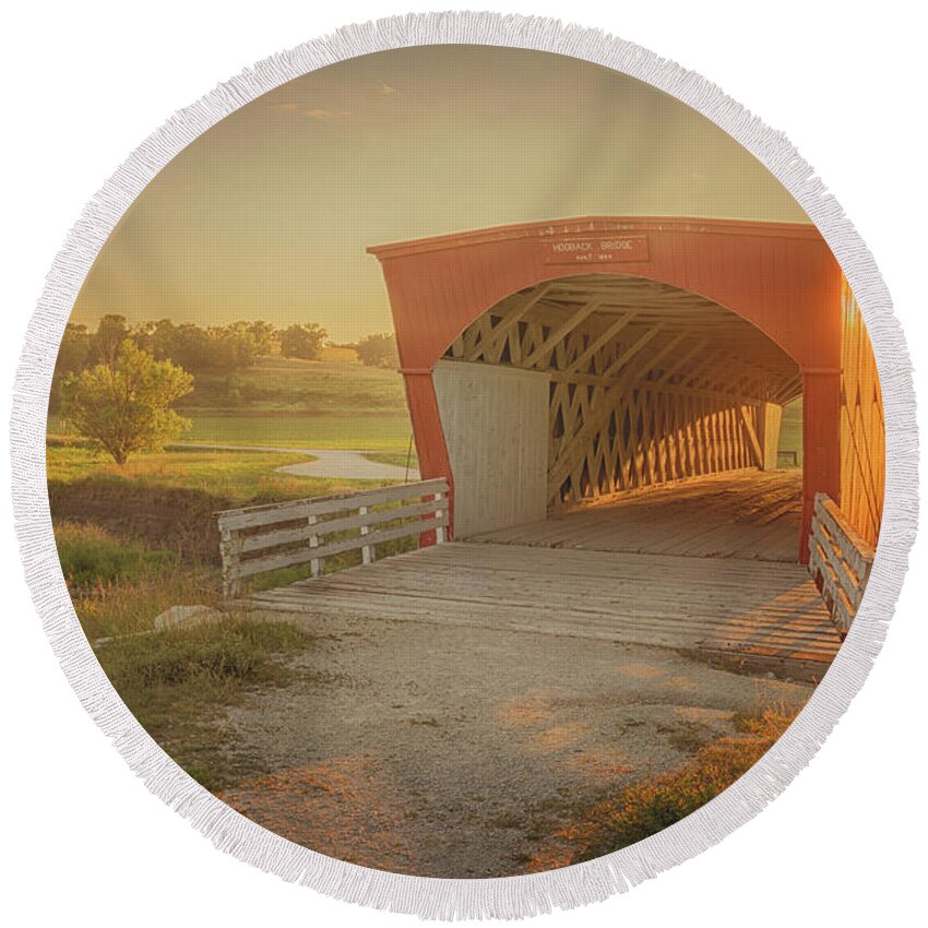 Hogback Bridge Round Beach Towel featuring the photograph Hogback Covered Bridge by Susan Rissi Tregoning