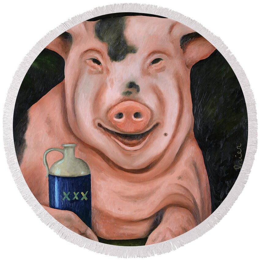 Pig Round Beach Towel featuring the painting Hogging The Moonshine by Leah Saulnier The Painting Maniac