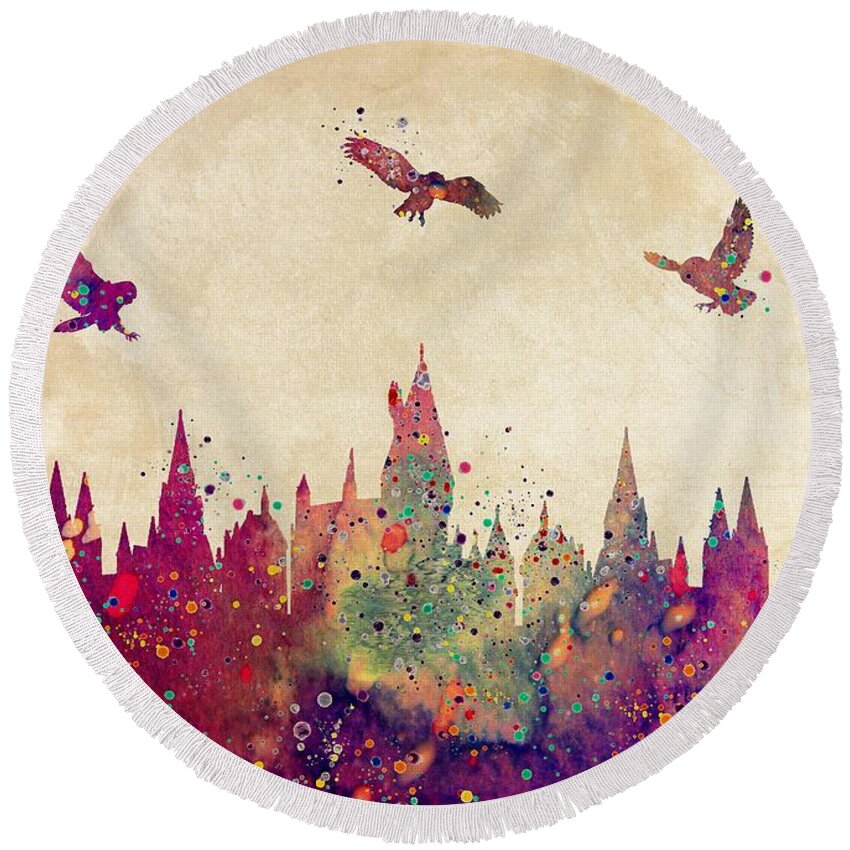 Hogwarts Castle Round Beach Towel featuring the digital art Hogwarts Castle Watercolor Art Print by White Lotus