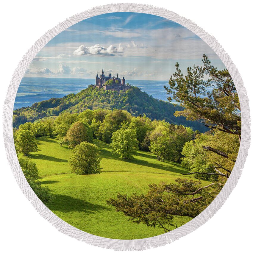 Alps Round Beach Towel featuring the photograph Hohenzollern Castle at sunset by JR Photography