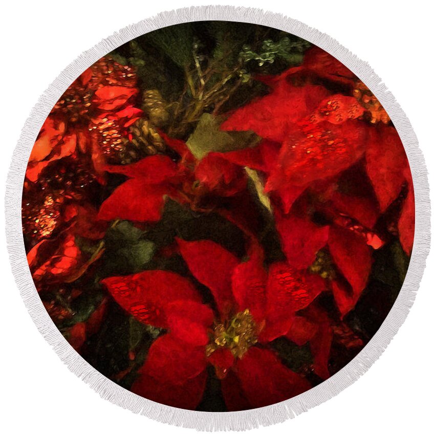 Poinsettia Round Beach Towel featuring the digital art Holiday Painted Poinsettias by Alicia Hollinger