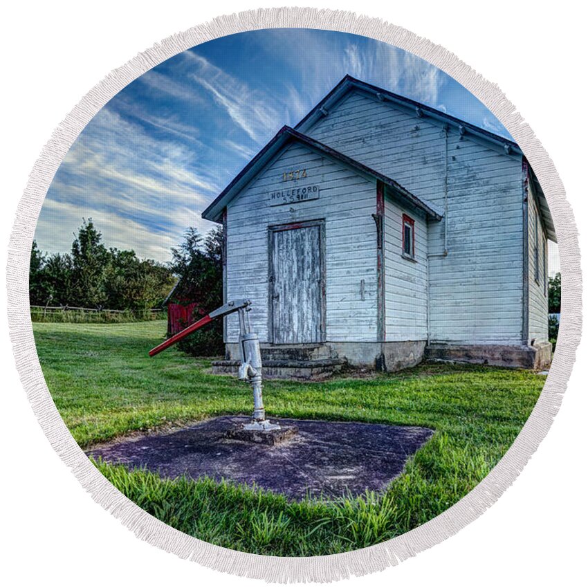 Abandoned Round Beach Towel featuring the photograph Holleford Schoolhouse by Roger Monahan