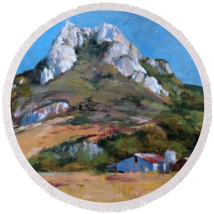 California Round Beach Towel featuring the painting Hollister Peak by Peter Salwen