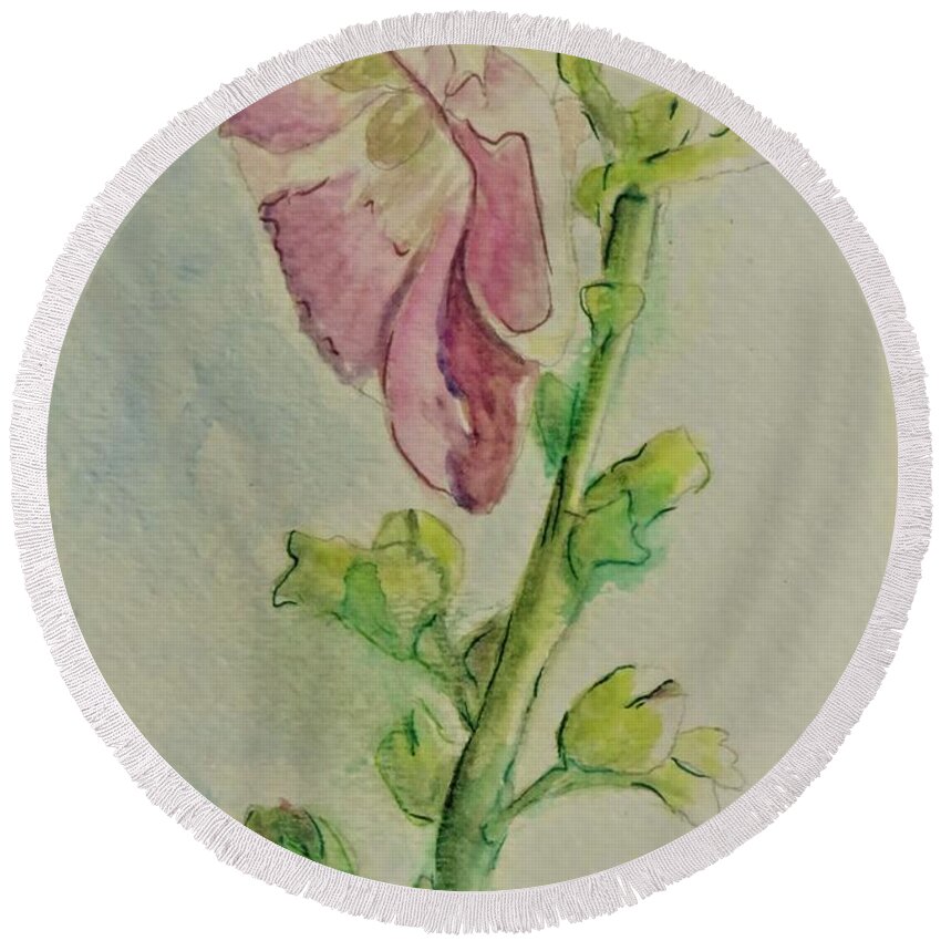 Hollyhock Round Beach Towel featuring the painting Hollyhock the Harbinger of Summer by Laurie Morgan