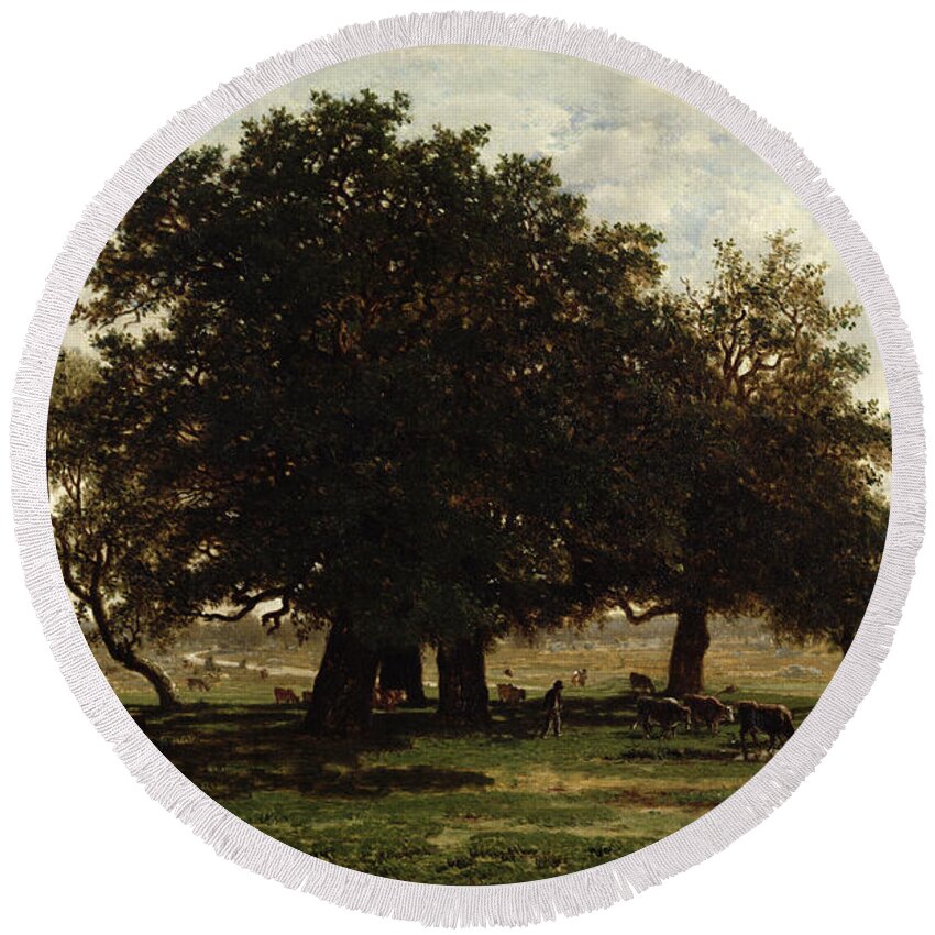 Holm Round Beach Towel featuring the painting Holm Oaks by Pierre Etienne Theodore Rousseau