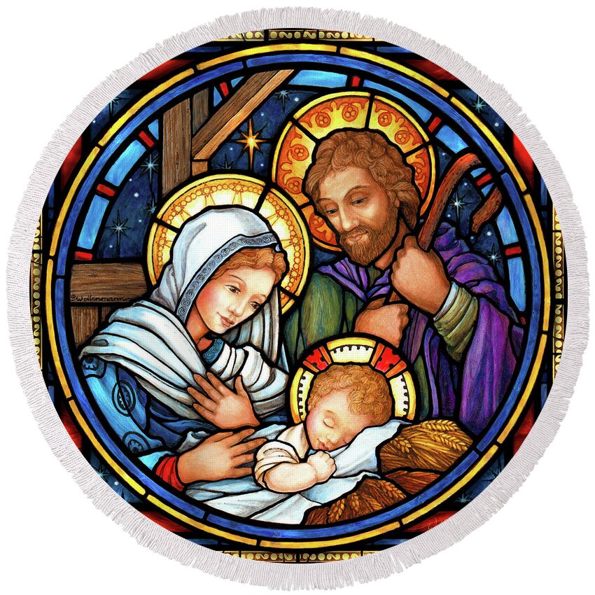 Stained Glass Holy Family Baby Jesus Christmas Nativity Mary Joseph Blessed Virgin Christ Child Sacred Catholic Round Beach Towel featuring the digital art Holy Family Stained Glass by Randy Wollenmann