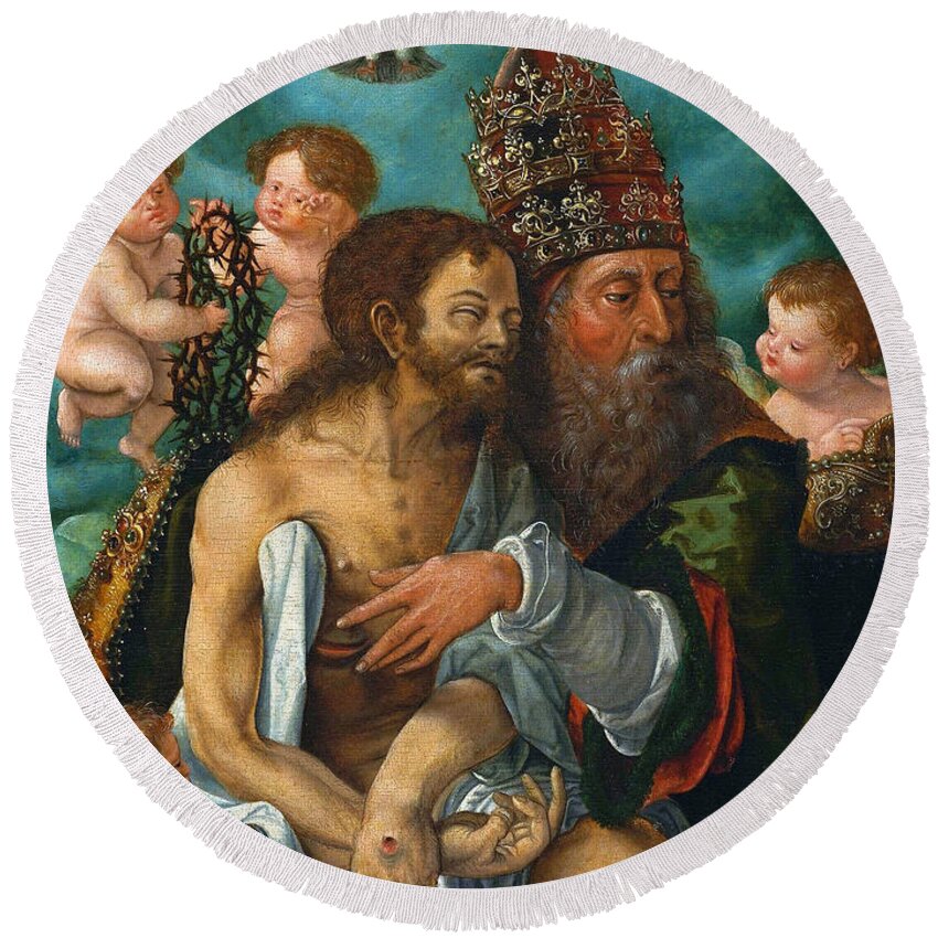 Master Of The Lille Adoration Round Beach Towel featuring the painting Holy Trinity by Master of the Lille Adoration