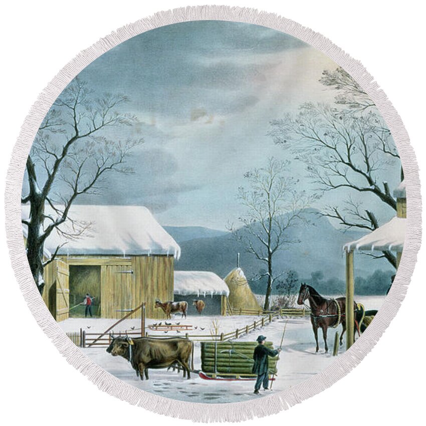 Snow Round Beach Towel featuring the painting Home to Thanksgiving by George Durrie