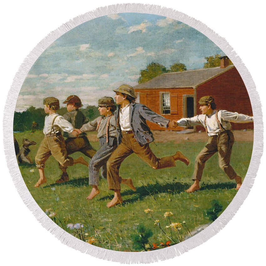 1872 Round Beach Towel featuring the painting HOMER, SNAP THE WHIP, 1872 - To License For Professional Use Visit Granger.com by Granger