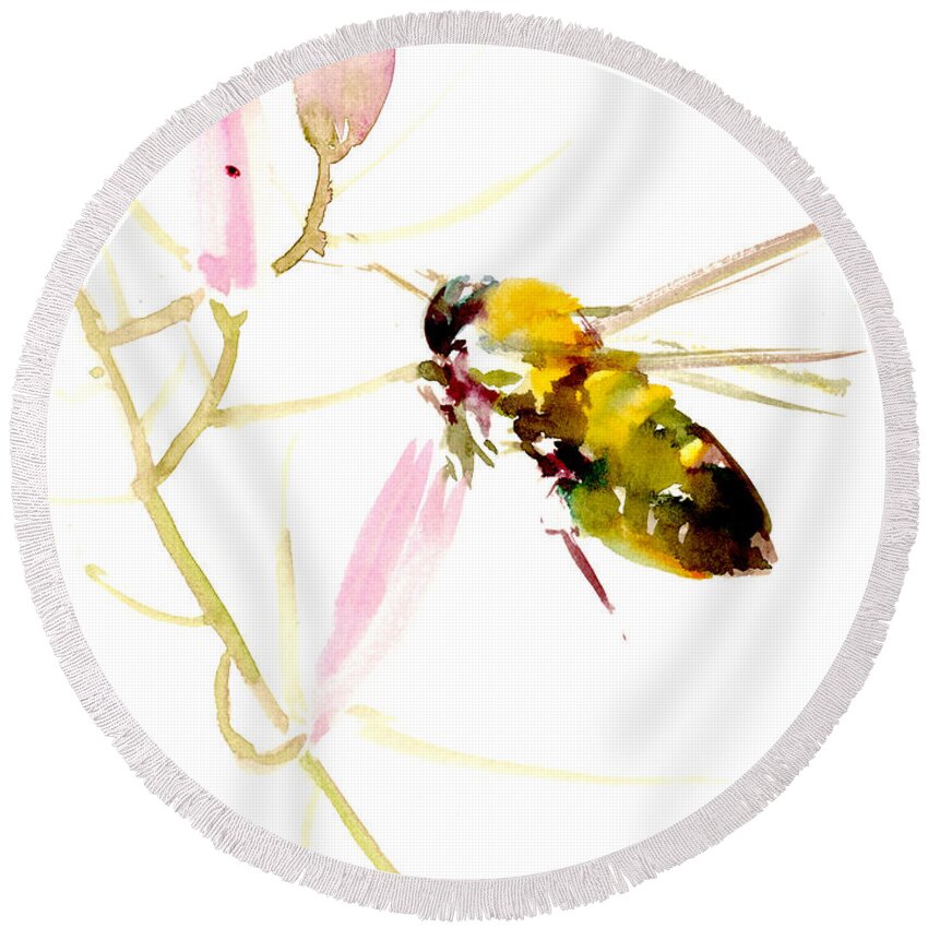 Bee Round Beach Towel featuring the painting Honey Bee and Pink Flower by Suren Nersisyan