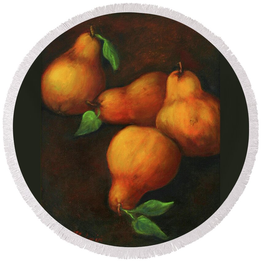Pear Paintings Round Beach Towel featuring the painting Honey Pears by Portraits By NC