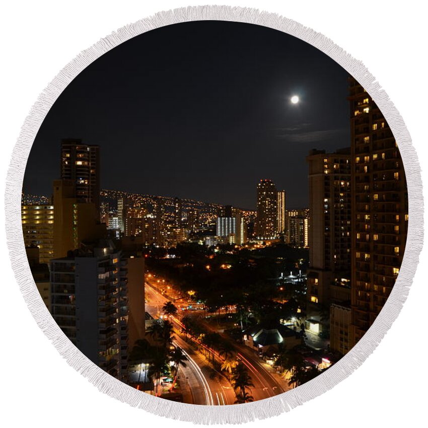 Hawaii Round Beach Towel featuring the photograph Honolulu at Night 1 by Amy Fose