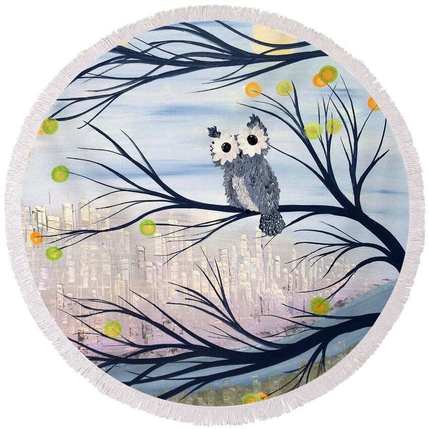 Owl Round Beach Towel featuring the painting Hoos City by MiMi Stirn