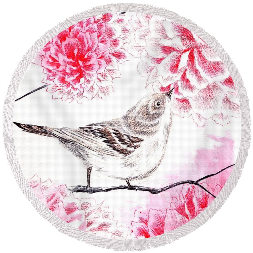 Bird Round Beach Towel featuring the drawing Hop to It by Alice Chen