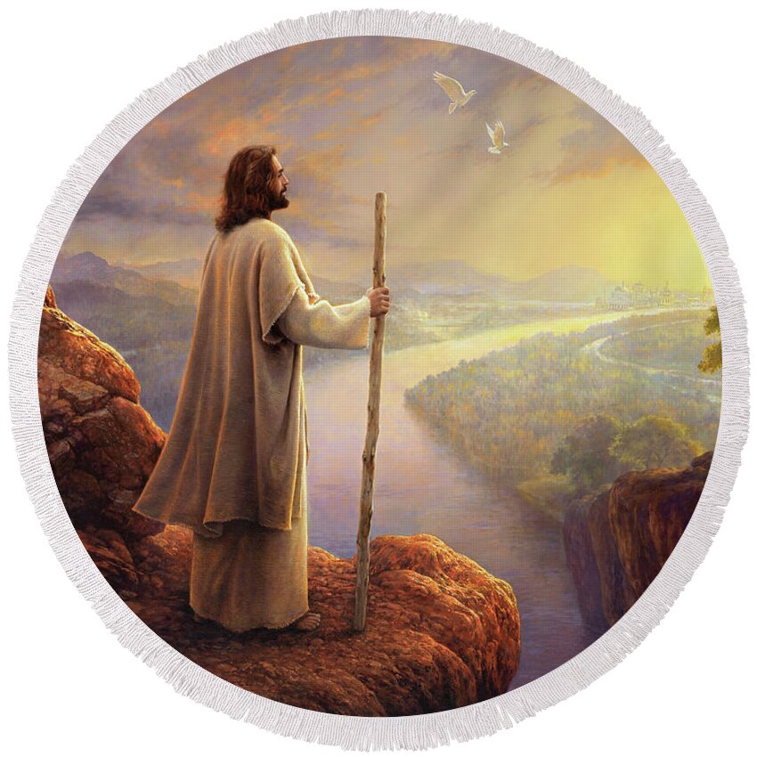 Jesus Round Beach Towel featuring the painting Hope on the Horizon by Greg Olsen