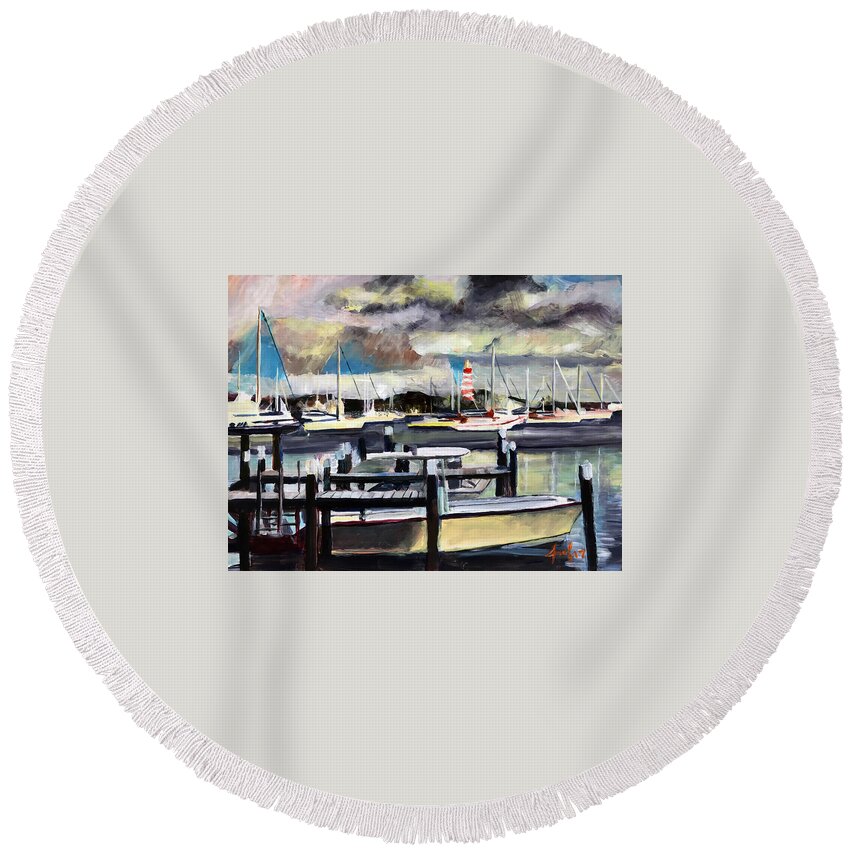 Hope Town Round Beach Towel featuring the painting Hope Town Harbour by Josef Kelly