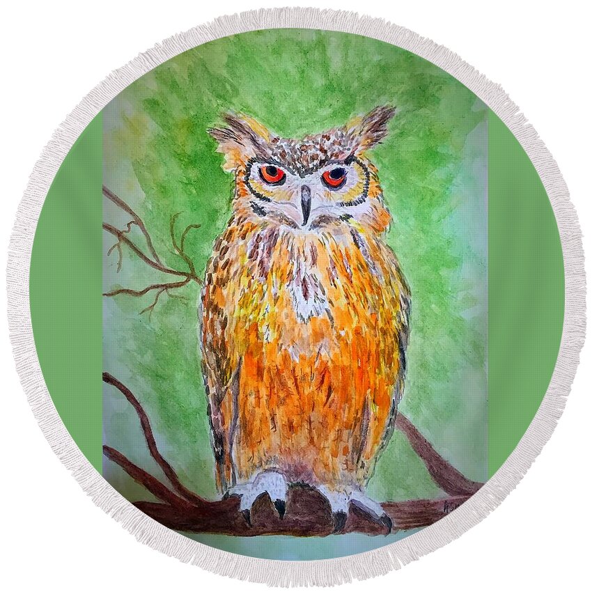 Horned Owl Round Beach Towel featuring the painting Horned Owl by Anne Sands