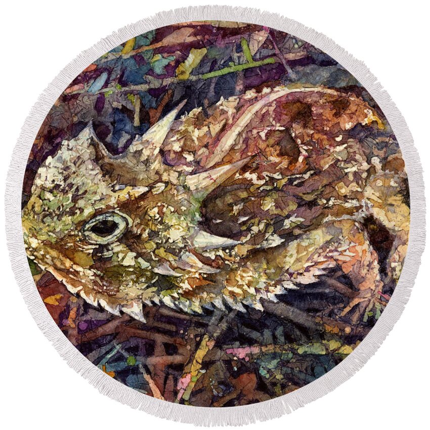 Horned Toad Round Beach Towel featuring the painting Horned Toad by Hailey E Herrera