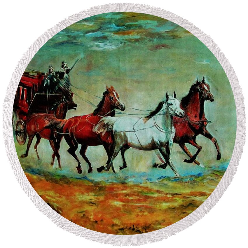 Chariot Round Beach Towel featuring the painting Horse Chariot by Khalid Saeed