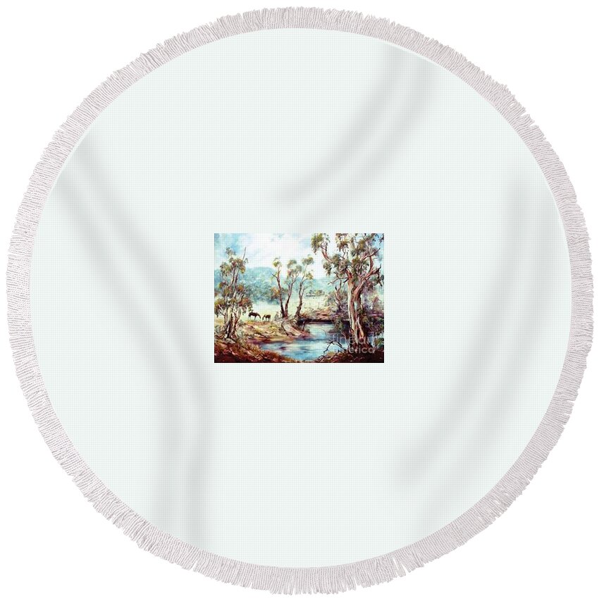 Horses Round Beach Towel featuring the painting Horses at the Dam by Ryn Shell