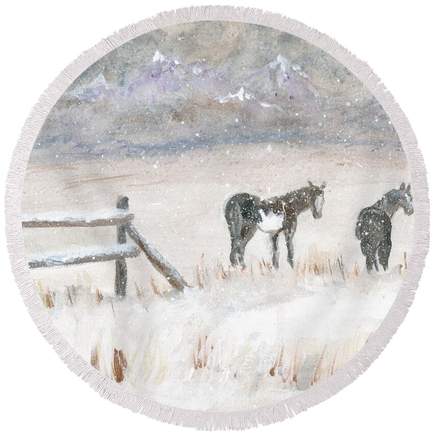 Horses Round Beach Towel featuring the painting Horses in Snow by Sheila Johns