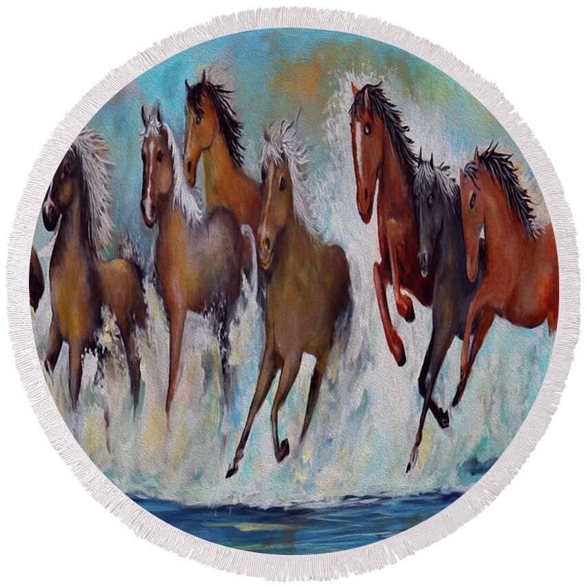  Splashing Surf Round Beach Towel featuring the painting Horses Of Success by Virginia Bond
