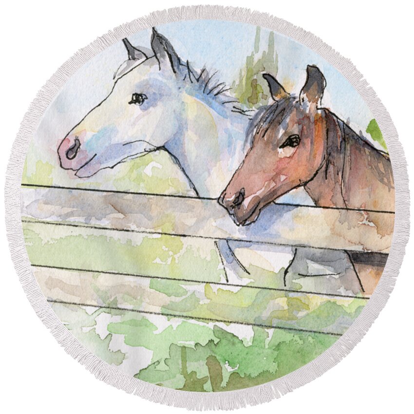 Watercolor Round Beach Towel featuring the painting Horses Watercolor Sketch by Olga Shvartsur