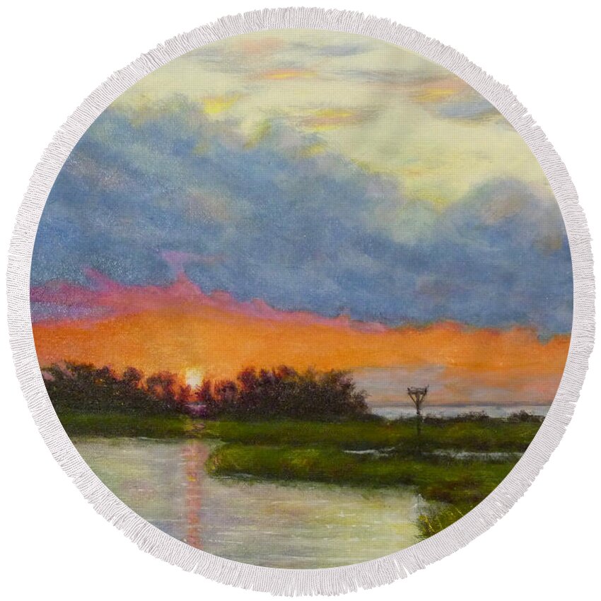 Sandy Hook Round Beach Towel featuring the painting Horseshoe Cove Sunset by Joe Bergholm