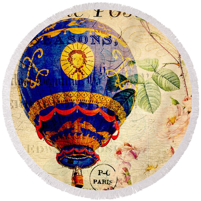Hot Air Balloon Round Beach Towel featuring the painting Hot Air Balloon With Roses by Long Shot
