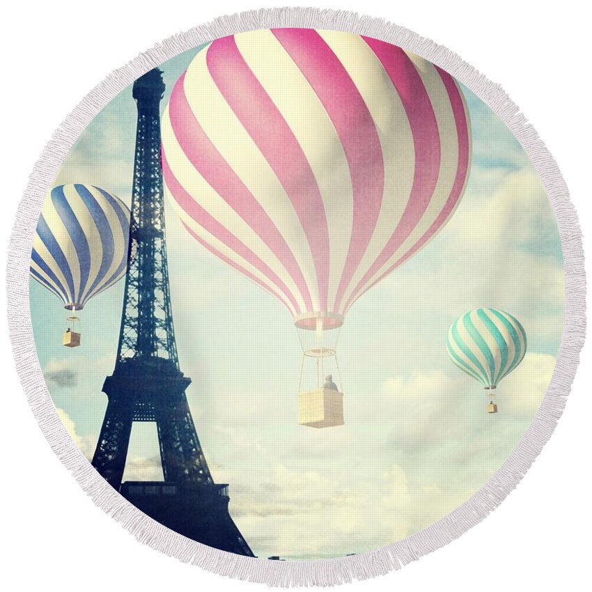 Hot Air Balloon Round Beach Towel featuring the photograph Hot Air Balloons in Paris #1 by Marianna Mills