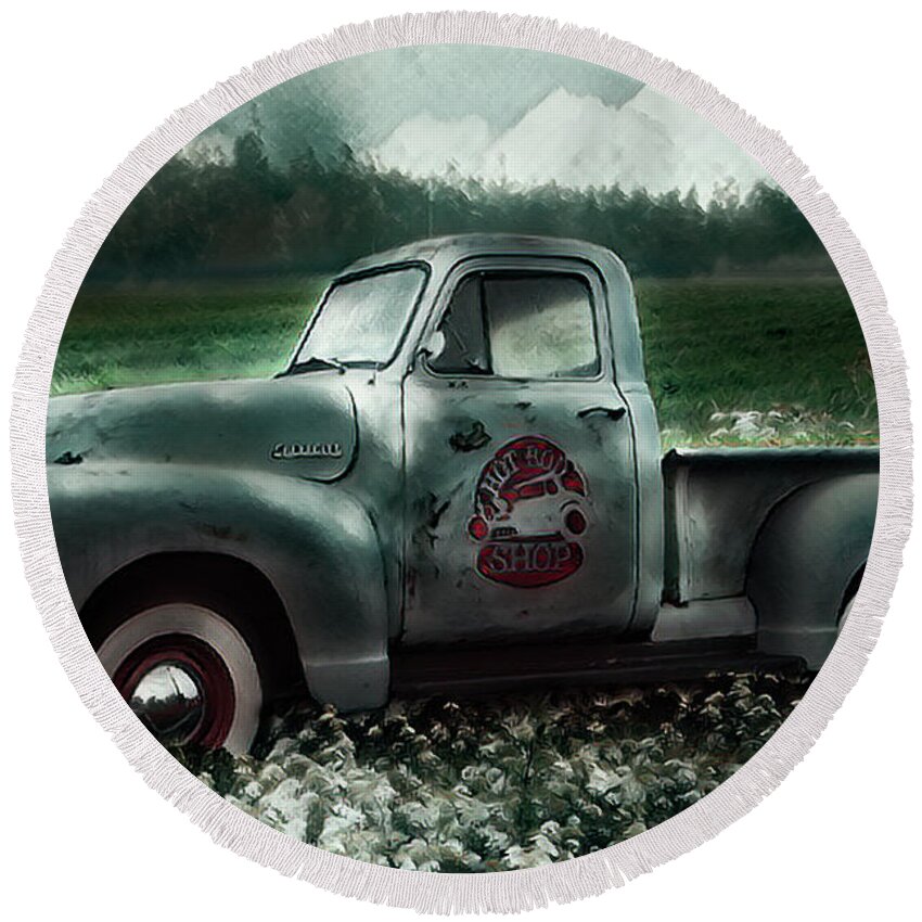 1950 Round Beach Towel featuring the photograph Hot Rod Chevrolet Pickup Truck in the Green by Debra and Dave Vanderlaan