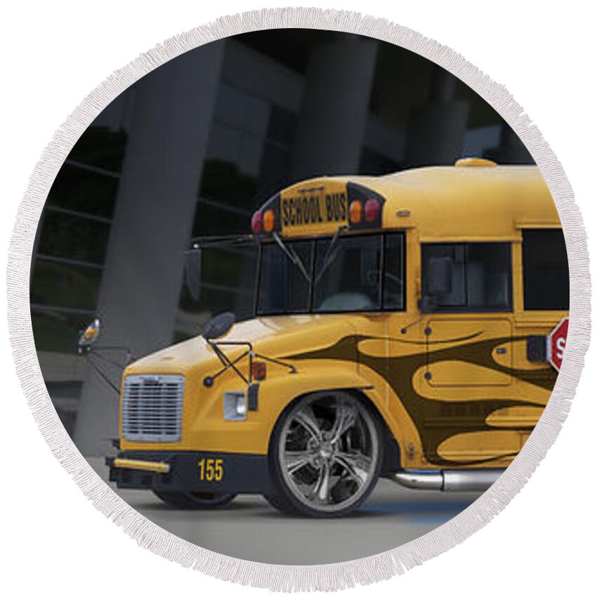 Hot Rod Round Beach Towel featuring the photograph Hot Rod School Bus by Mike McGlothlen