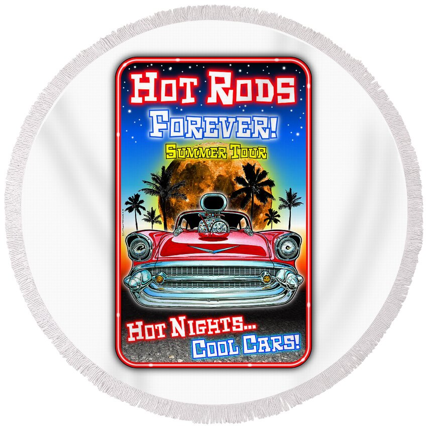 1957 Chevy Bel Air Round Beach Towel featuring the digital art Hot Rods Forever Summer Tour by K Scott Teeters