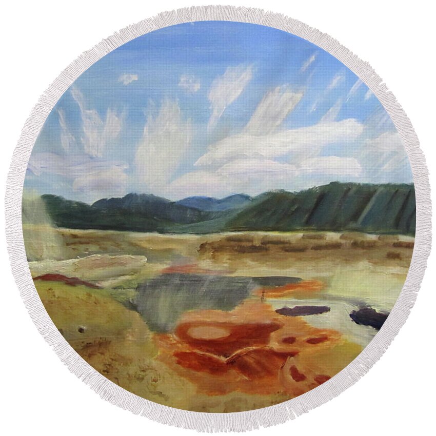 Yellowstone Round Beach Towel featuring the painting Hot Springs by Linda Feinberg