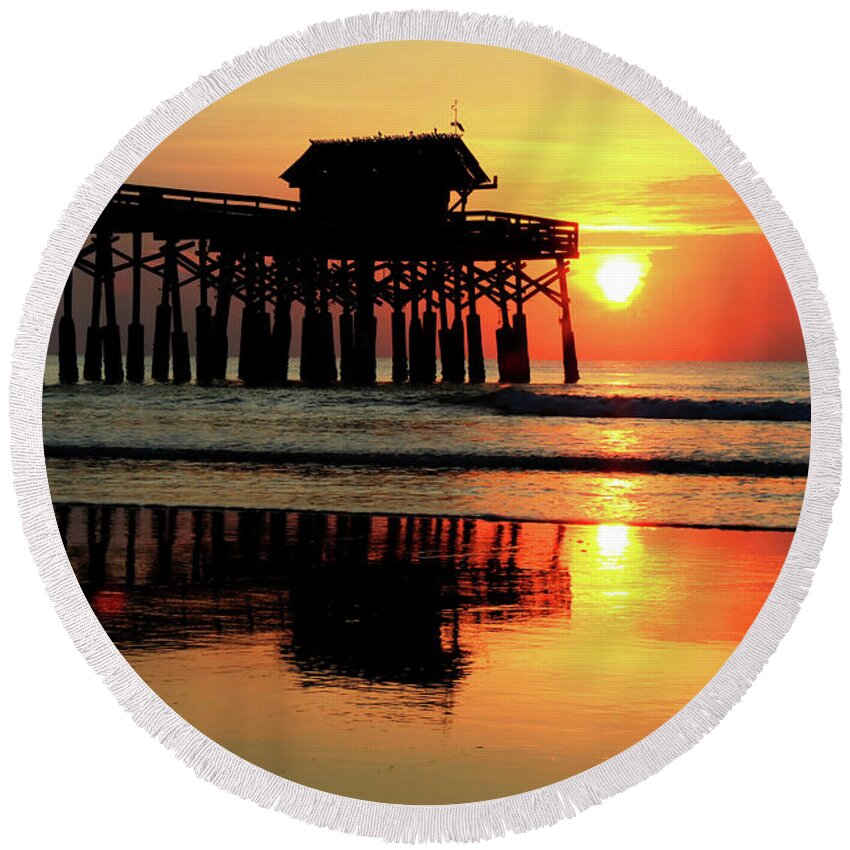 Cocoa Beach Pier Round Beach Towel featuring the photograph Hot Sunrise Over Cocoa Beach Pier by Carol Montoya