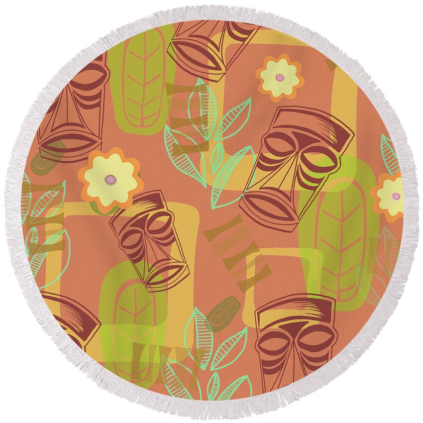 Tiki Round Beach Towel featuring the painting Hour At The Tiki Room by Little Bunny Sunshine
