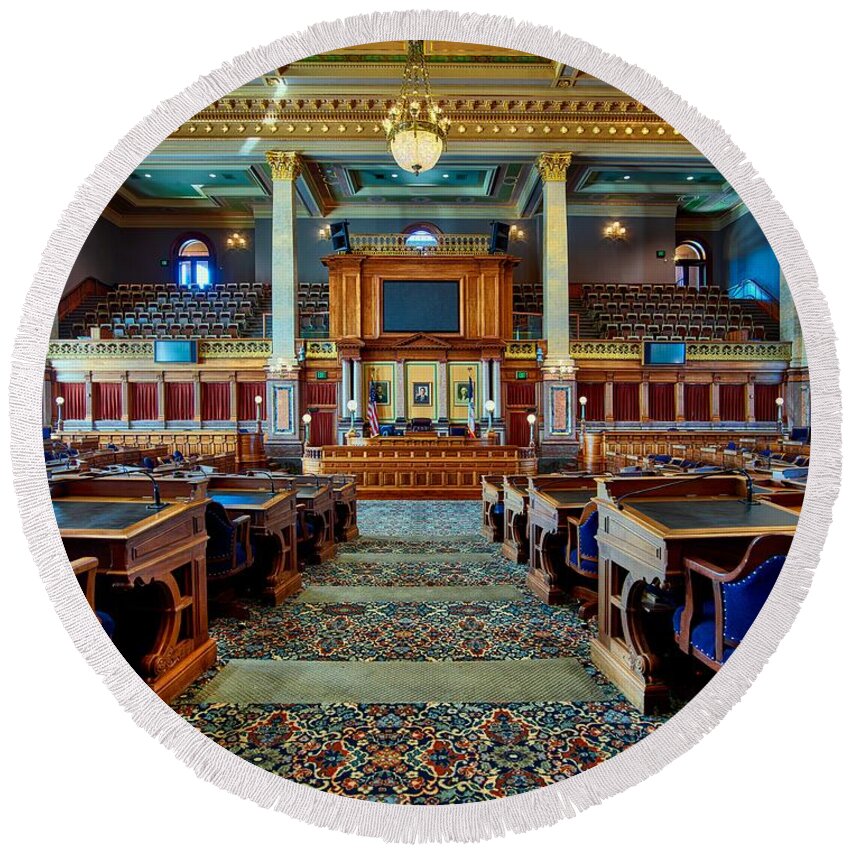 Des Moines Round Beach Towel featuring the photograph House of Representatives - Iowa State Capitol by Mountain Dreams